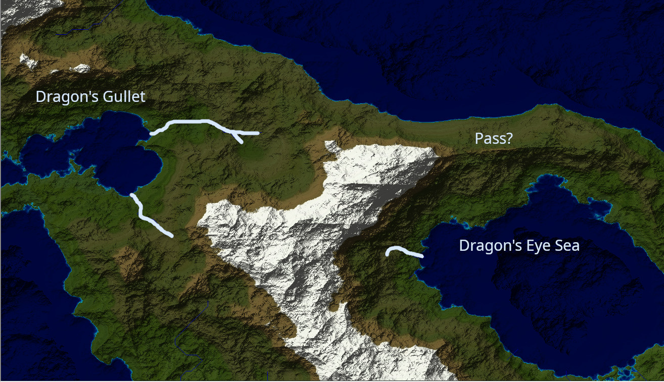 This image shows the Dragon's Eye Sea in relation to the Dragon's Gullet gulf. The gulf is north-west of the Dragon's Eye Sea, on the other side of the thick mountain chain that surrounds the sea on the western side. The gulf opens onto the southern ocean. Two major tributaries to the gulf are marked on this map. The longest tributary starts on the western slopes of the mountain chain that wraps around the Dragon's Eye Sea. This river flows westward into the gulf, entering the gulf at its western end. A smaller tributary starts further south and flows north-west, flowing in to the south-east corner of the Dragon's Gullet gulf. The map also marks a pass that we speculate might be found on the northern end of the Dragon's Eye Sea, running from the northern ocean over the heights of the dragon's "eyebrow" to the northern shores of the sea.