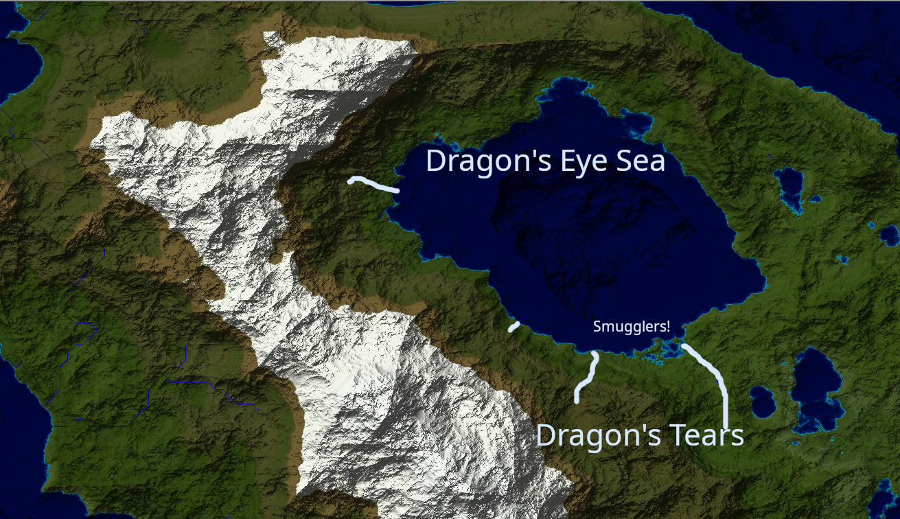 A closeup of the inland sea dubbed "The Dragon's Eye Sea". The sea is roughly oval, with the long axis running east-west and the short axis roughly north-south. A range of high mountains curls around the western border of the sea from north to south, widening at the southern end. Three rivers flow from the south-western mountain slopes to the southern shores of the sea. The three rivers are spaced west to east along the southern shore of the sea. The smallest river is also the westernmost; the largest river is the easternmost. With a little imagination, the rivers seem to follow curved paths like running tears. A fourth river runs from the north-west side of the mountains to the western shore of the sea.