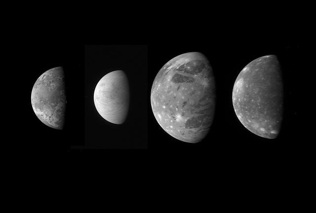 This photo shows Jupiter's largest moons in shades of gray. Io, Europa, Ganymede, and Calisto (reading left to right), are scaled to correct relative sizes.