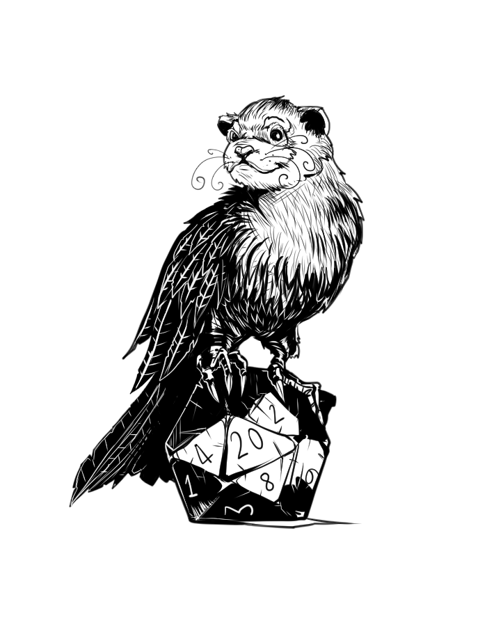 A line drawing of a delightful half-ferret, half-crow perched on a d20