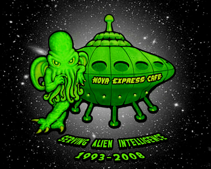 A neon green Cthulu leans casually against a classic saucer-shaped spaceship