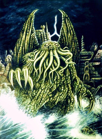 An artist's impression of the fearsome, squid-faced Cthulu rising from the waves.  The ancient stone city of R'lyeh rises behind the ancient green horror.